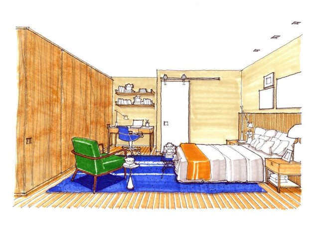 Bruno Carvalho e Casa Di3 Projeto ganhou um pequeno home office integrado ao quarto, a pedido da leitora