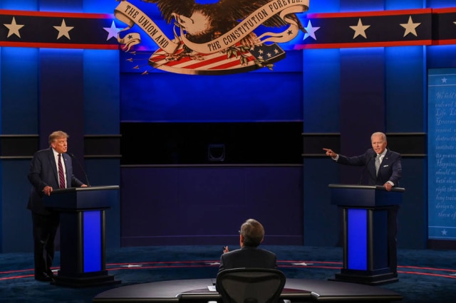 Jim Watson/AFP O presidente dos Estados Unidos, Donald Trump, e o candidato democrata à presidência do país, Joe Biden, durante primeiro debate para as eleições de 2020