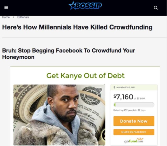 Reprodução/Buzzfeed Aqui está como os Millennials acabaram com o crowdfunding. 'Pare de implorar no Facebook para arrecadar dinheiro para sua lua de mel'