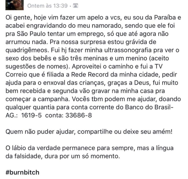 Facebook A postagem de 'nova Grávida de Taubaté'.