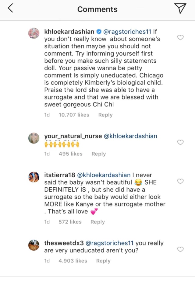 Instagram/kimkardashian Resposta de Khloe Kardashian a internauta.