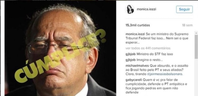Reprodução/Instagram Postagem de Monica Iozzi que critica Gilmar Mendes.
