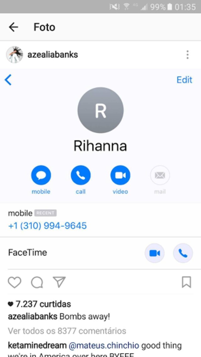 Reprodução/Instagram Print que Azealia fez do telefone de Rihanna.
