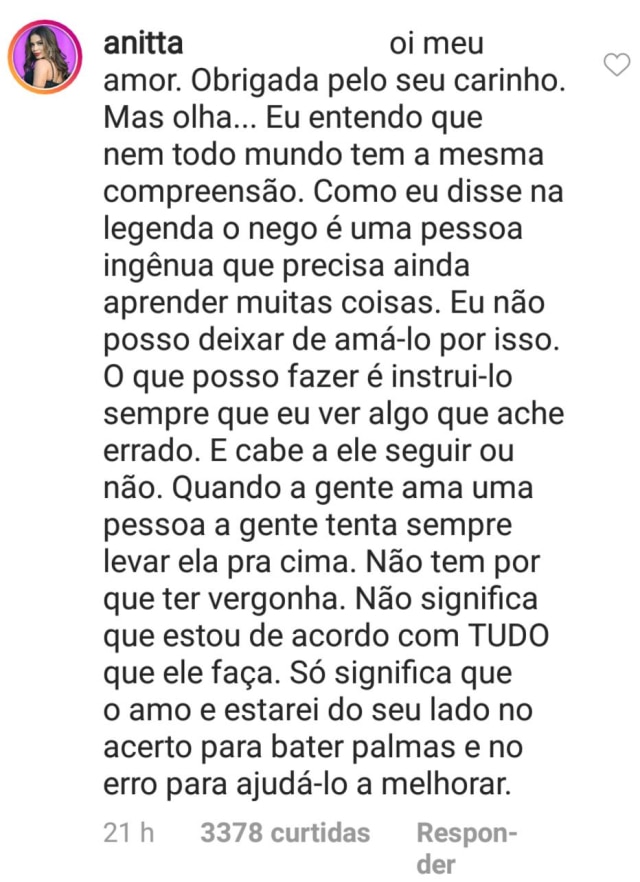 Reprodução/Instagram/@anitta A resposta que Anitta deu ao comentário de um seguidor que criticou a defesa da cantora ao Nego do Borel