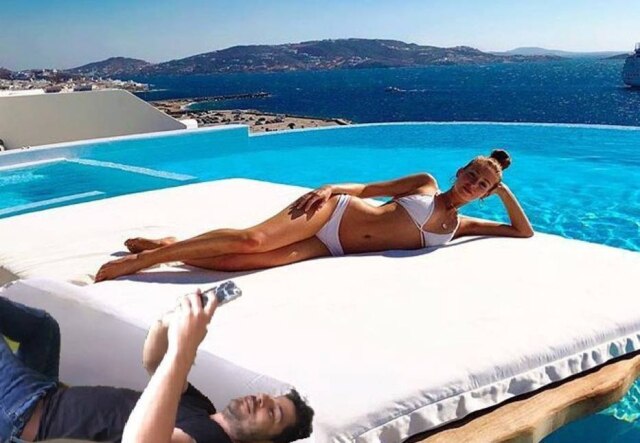 Instagram / @evaristocostaoficial Montagem feita por Evaristo Costa, se colocando em foto de Marina Ruy Barbosa na Grécia.