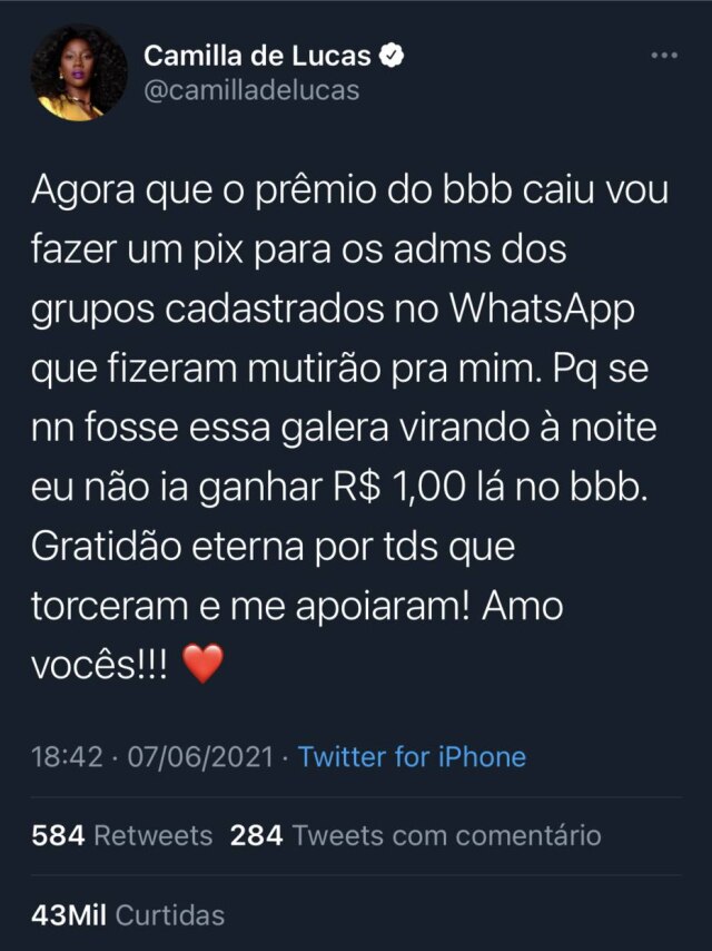 Twitter/@camilladelucas No Twitter, Camilla de Lucas prometeu doar parte do prêmio do 'BBB 21' para os fãs