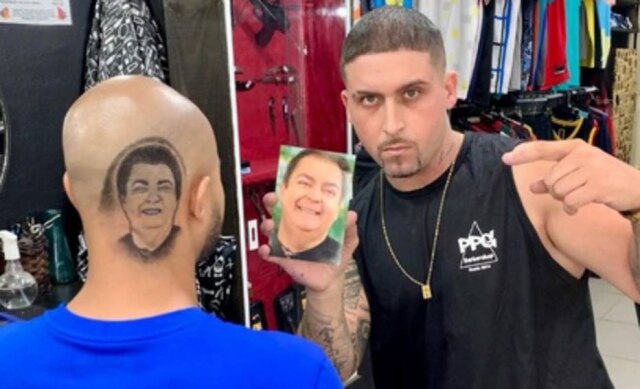 Instagram/@papagaioducorte O cabeleireiro Papagaio Du Corte desenhou o rosto de Faustão em seu cliente.