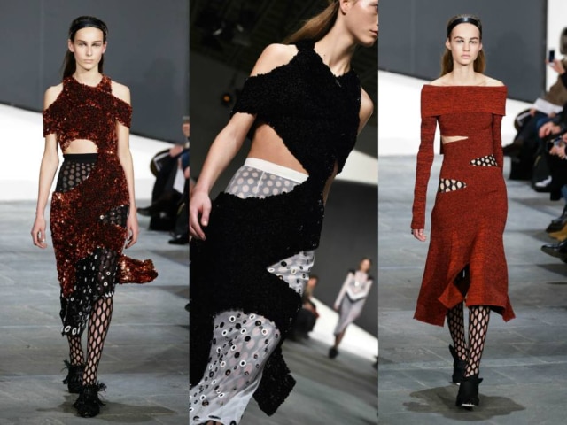 Divulgação Na Proenza Schouler, recortes no novo vestido bandade deixam pedaços da meia-calça arrastão aparentes