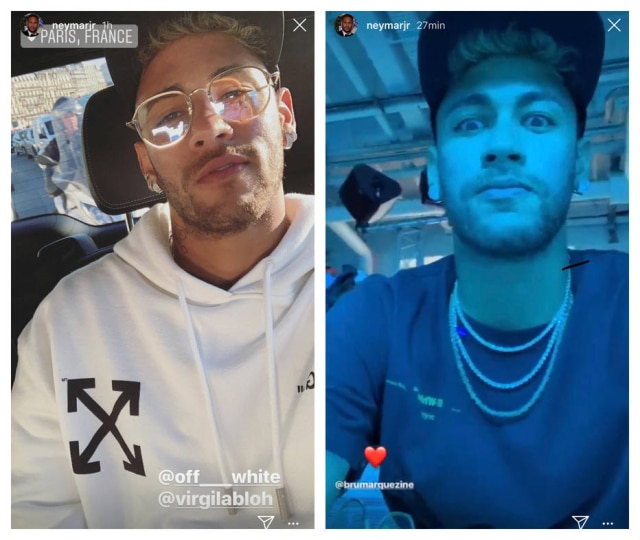 Instagram Stories @neymarjr Neymar Jr. a caminho e na primeira fila do desfile da Off-White, em Paris