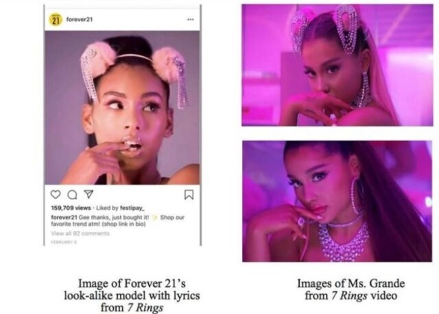 PACER (U.S. Dist. Court C.D. Cal.)/REUTERS Foto de modelo usada em anúncio da Forever 21 e de reprodução de processo apresentado pela cantora Ariana Grande, em Los Angeles, nos EUA.