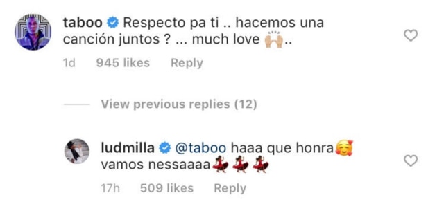 Instagram/@ludmilla Taboo, integrante do Black Eyed Peas, convida Ludmilla para parceria musical.