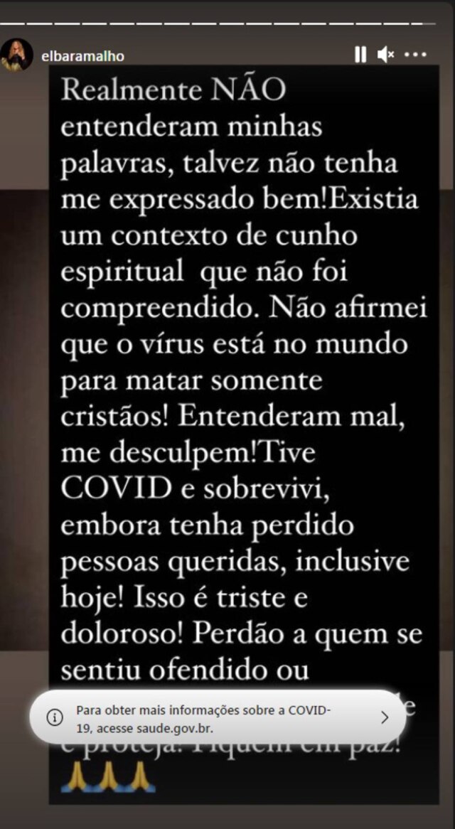 Instagram / @elbaramalho Story publicado por Elba Ramalho após declaração sobre a pandemia