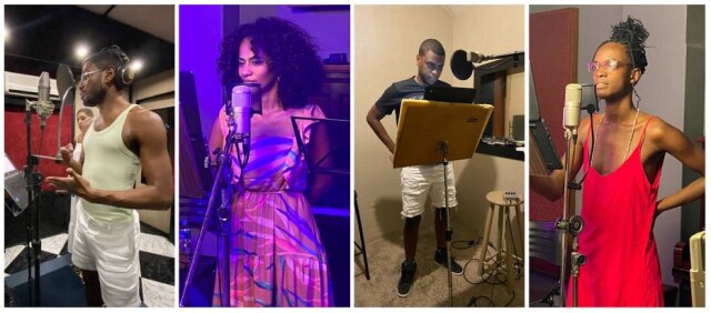 Spotify Ícaro Silva, Naruna Costa, Yuri Marçal e Areta Sadick na gravação de 'Calunguinha - O Cantador de Histórias'.