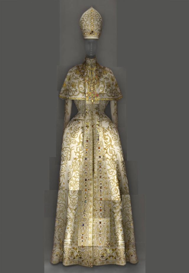 Imagem cortesia The Metropolitan Museum of Art/ Escaneamento digital Katerina Jebb Uma criação de John Galliano, com inspiração em vestes papais, para a alta-costura do outono-inverno 2000-2001 da Dior
