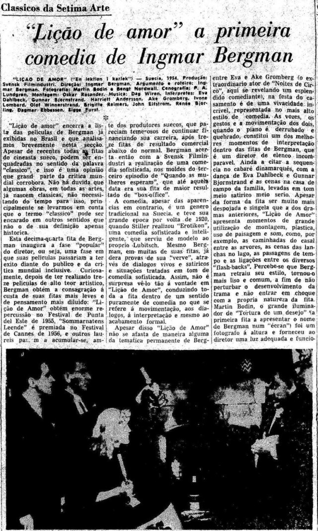 Acervo Estadão Texto de 6/4/1958 sobre o filme 'Lição de Amor', de Ingmar Bergman.
