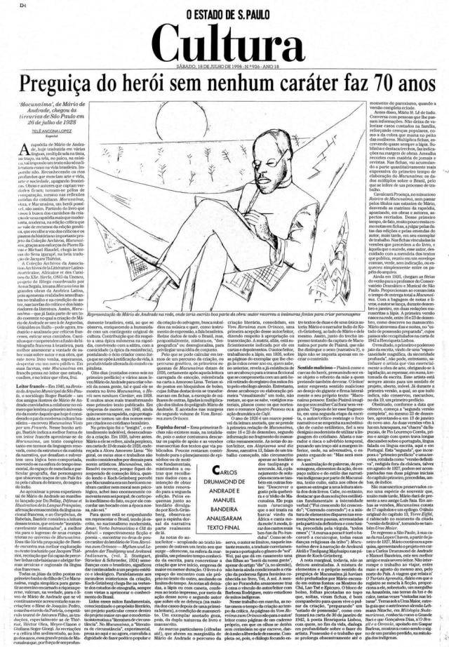 Mário de Andrade Macunaíma no jornal de 18 de julho de 1998.