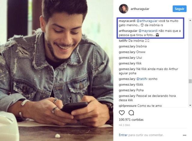 Instagram.com/arthuraguiar/ As suspeitas do relacionamento entre Arthur Aguiar e Mayra Cardi começaram após o casal trocar elogios no Instagram