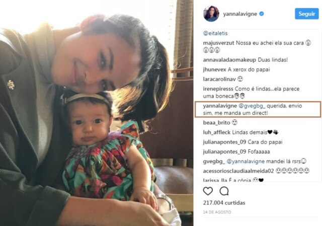 Instagram/@YannaLavigne Yanna Lavigne respondeu a seguidora que pediu doação de roupas de bebê.