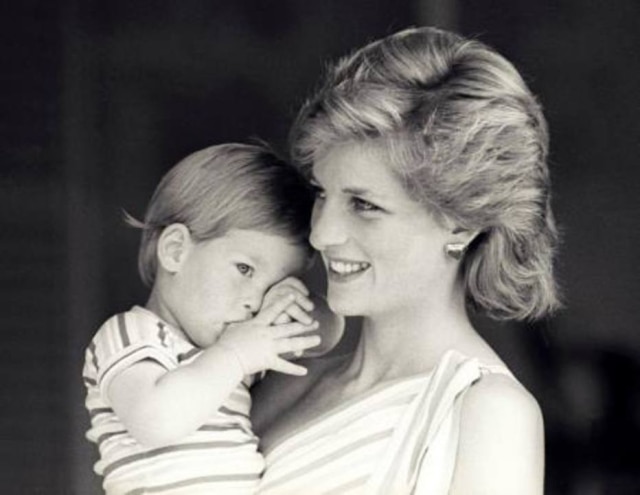 Hugh Peralta/ Reuters Princesa Diana segura o filho príncipe Harry em uma sessão de fotos em Mallorca, na Espanha, em 1988.