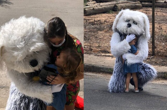 Lucas Fragoso / Arquivo Pessoal Lucas Fragoso usou uma fantasia para abraçar a filha e a mulher, que está grávida