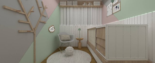 Très Arquitetura Composição geométrica, com três cores, adorna as paredes do projeto