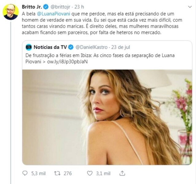 Twitter / @brittojr Publicação de Britto Júnior no Twitter.