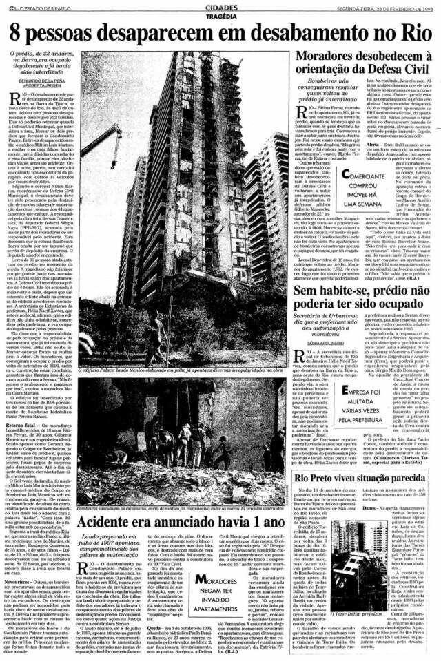 Acervo Estadão Página do Estadão com a notícia do desabamento do edifício Palace II.