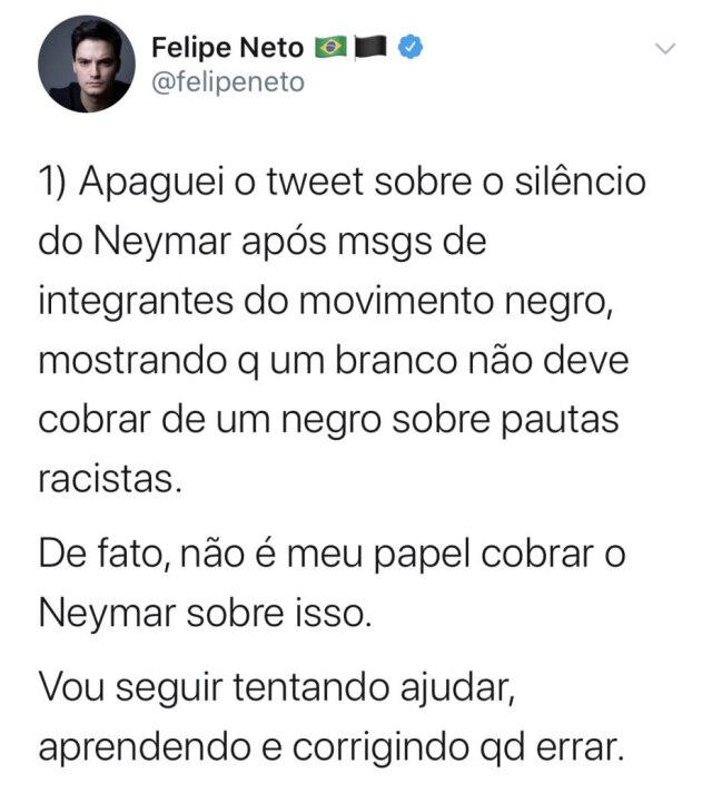 Twitter/@felipeneto No Twitter, o influenciador digital Felipe Neto falou sobre racismo e quase foi 'cancelado'
