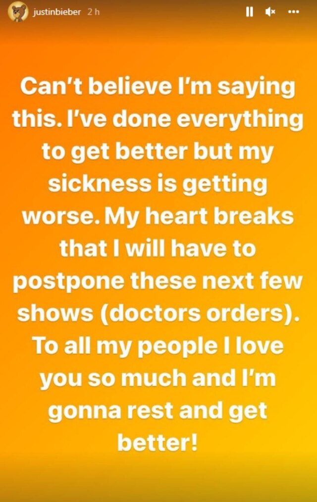 Instagram/@justinbieber Pronunciamento de Justin Bieber no Instagram sobre o adiamento de shows.