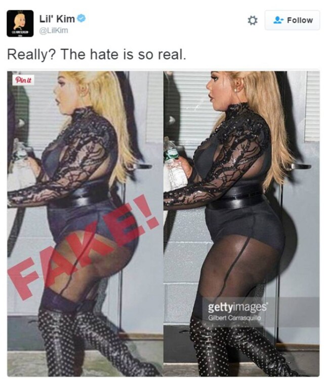 Divulgação Depois que uma sua foto alterada e nada lisonjeira circulou no Twiter em janeiro, Lil’ Kim tuitou uma resposta que começava com “O ódio é tão real...”.