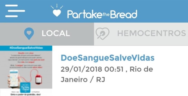 Captura de tela do aplicativo 'Partake the Bread' Serviço é voltado para diversos tipos de doações e equipe responsável pretende expandi-lo para outros países.