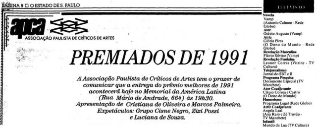Acervo / Estadão Nome de Flávio Silvino entre os premiados da APCA em 1991