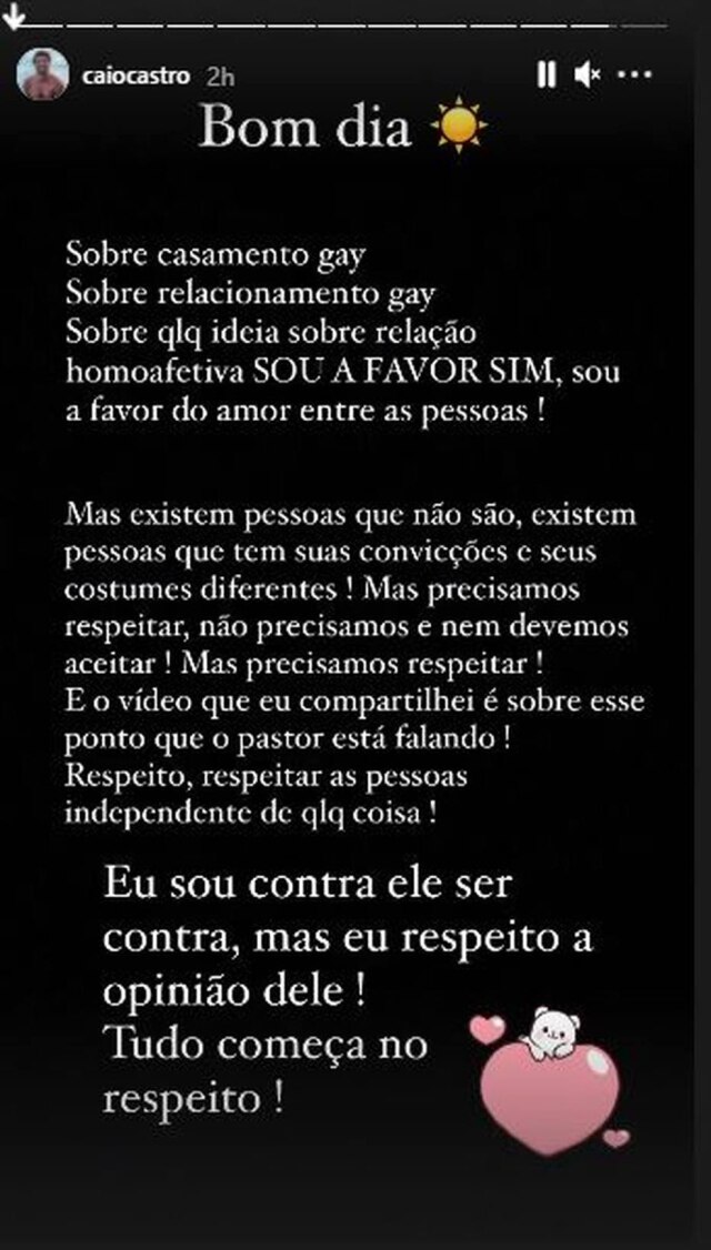 Instagram/ @caiocastro Caio Castro se pronunciou sobre vídeo homofóbico nos stories