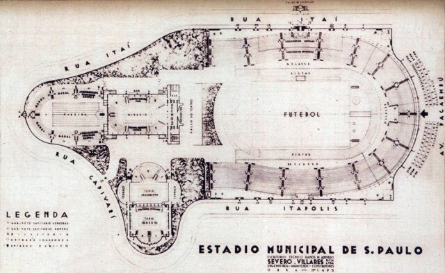 Acervo/ Estadão Projeto do Estádio Municipal Paulo Machado de Carvalho, com a Concha Acústica ao fundo do campo de futebol. Imagens publicadas na Rotogravura de 15/04/1940