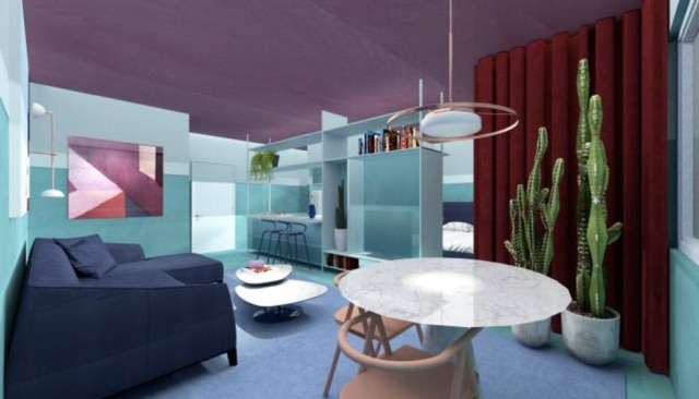 La Rous Studio Visão geral da decoração do estúdio, que investiu em cores contrastantes nos móveis e revestimentos.