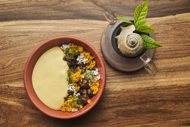 Celele Caracol Pateburro com textura de milho, um dos pratos mais famosos do restaurante