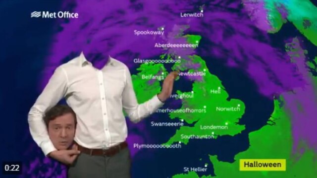 Twitter/@Metoffice Homem do tempo do serviço de meteorologia do Reino Unido ficou sem cabeça.