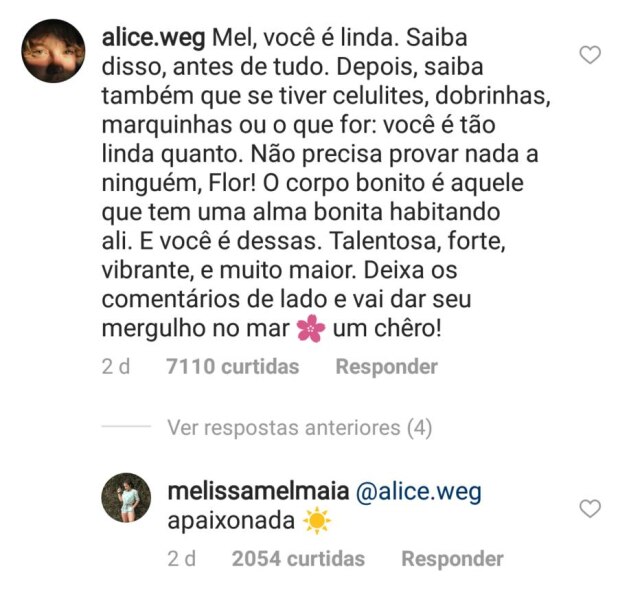 Reprodução/Instagram/@melissamelmaia A atriz Alice Wegmann postou comentário defendendo Mel Maia das críticas sobre o seu corpo