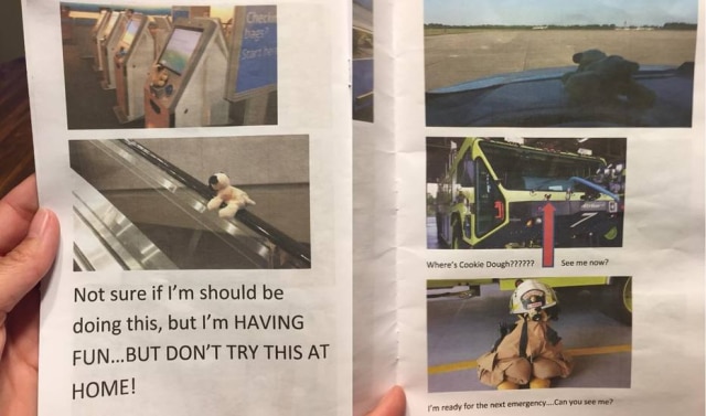 Facebook/kwbridges Cachorrinho de pelúcia foi fotografado vivendo aventuras em aeroporto.