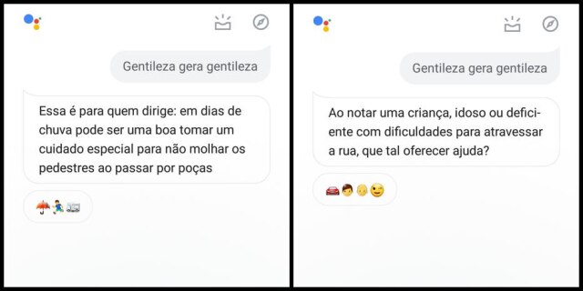 Google Assistente/Reprodução Exemplos de sugestões que o Google Assistente dá por meio do comando 'Ok Google, gentileza gera gentileza'.