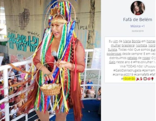 Divulgação Atuação da cantora Fafá de Belém nas redes sociais durante o carnaval 2019.