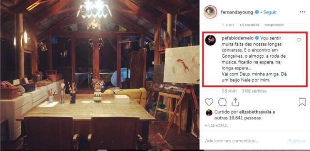 Instagram/@fernandayoung Padre Fábio de Melo lamenta a morte de Fernanda Young em comentário em uma foto da escritora.