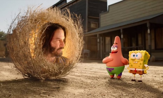 Reprodução de cena de 'The Spongebob Movie - Sponge On The Run' (2019) / Columbia Pictures Keanu Reeves em cena do trailer de novo filme de Bob Esponja.