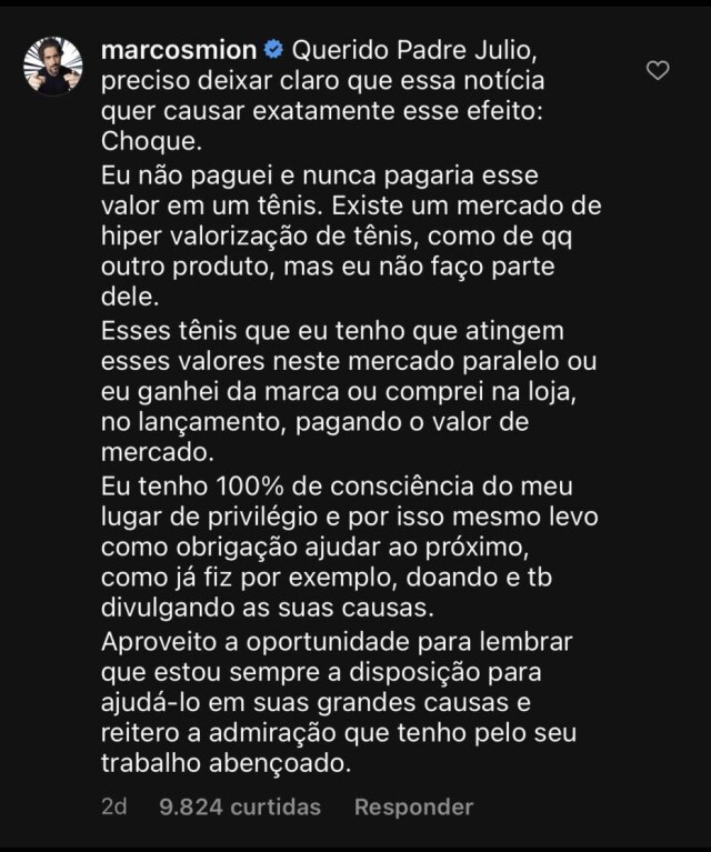 Instagram/@padrejulio.lancellotti Marcos Mion responde crítica de padre Júlio Lancelotti sobre calçado caro e desigualdade social