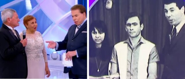 Reprodução de 'Programa Silvio Santos' (2018) / SBT | Reprodução de 'Eliana' (2018) / SBT Silvio Santos ao lado de Cleide e Valdir em seu programa em 2018, e há 50 anos no 'Casamento na TV'.