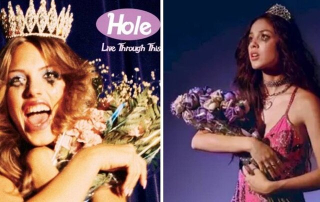 Instagram/ @courtneylove/ Instagram/ @oliviarodrigo Capa do álbum da banda de Courtney e imagem da live de Olivia