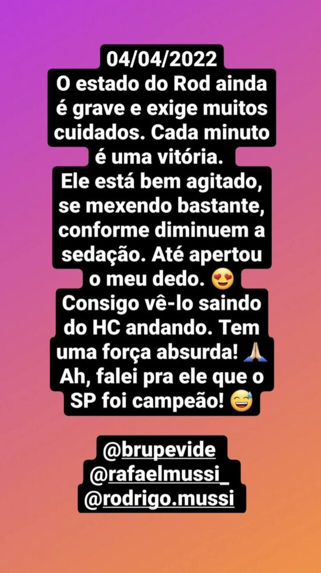 Diogo Mussi, irmão de Rodrigo Mussi, compartilhou mais informações sobre o estado de saúde do ex-BBB nos stories do Instagram.