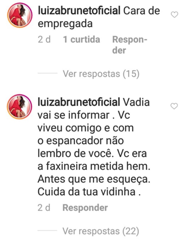 Instagram / @anacsteiner Comentários feitos por Luiza Brunet em postagens do Instagram de seguidora.