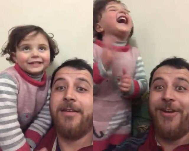 Twitter / @alganmehmett Em um vídeo é possível ver o pai e a filha rindo enquanto uma bomba atinge a região onde eles moram