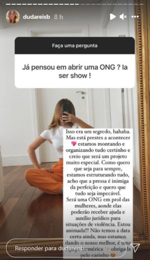 Instagram/@dudareisb Imagem de um dos stories em que Duda Reis responde a um seguidor sobre ONG contra violência doméstica